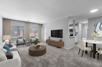 Living room with coffee table and hanging tv